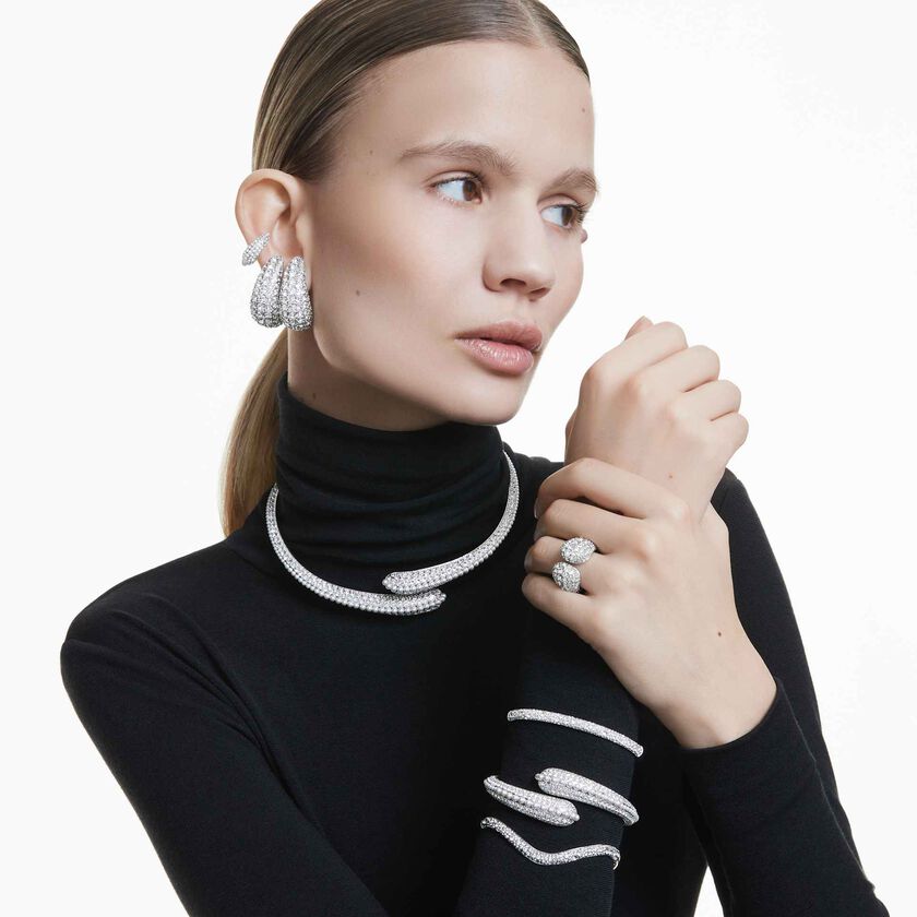 swarovski خاتم كوكتيل sublima، قطع مُستدير، لون أبيض، طلاء روديوم