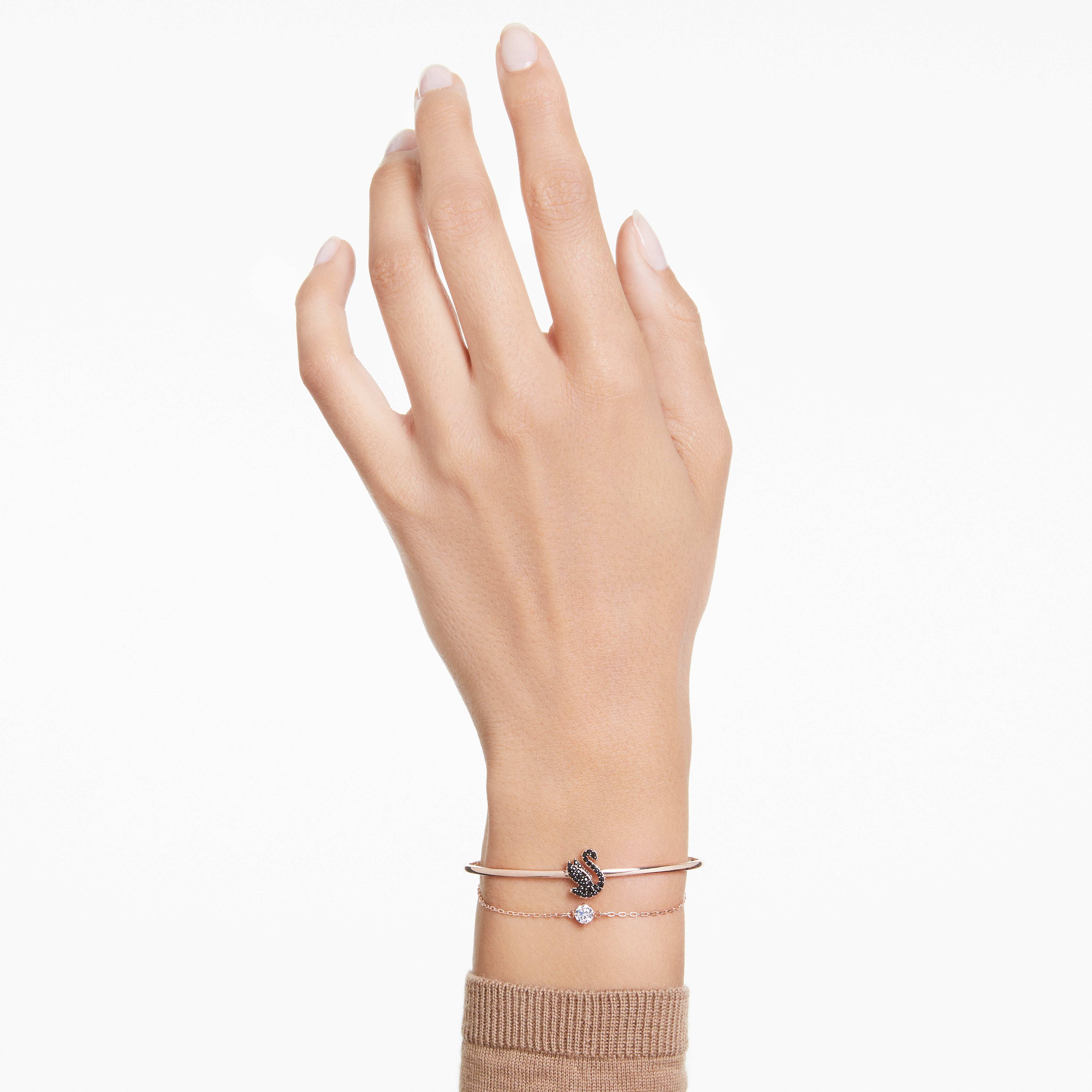 سوار swarovski swan، على شكل بجعة، لون أسود، طلاء ذهبي وردي