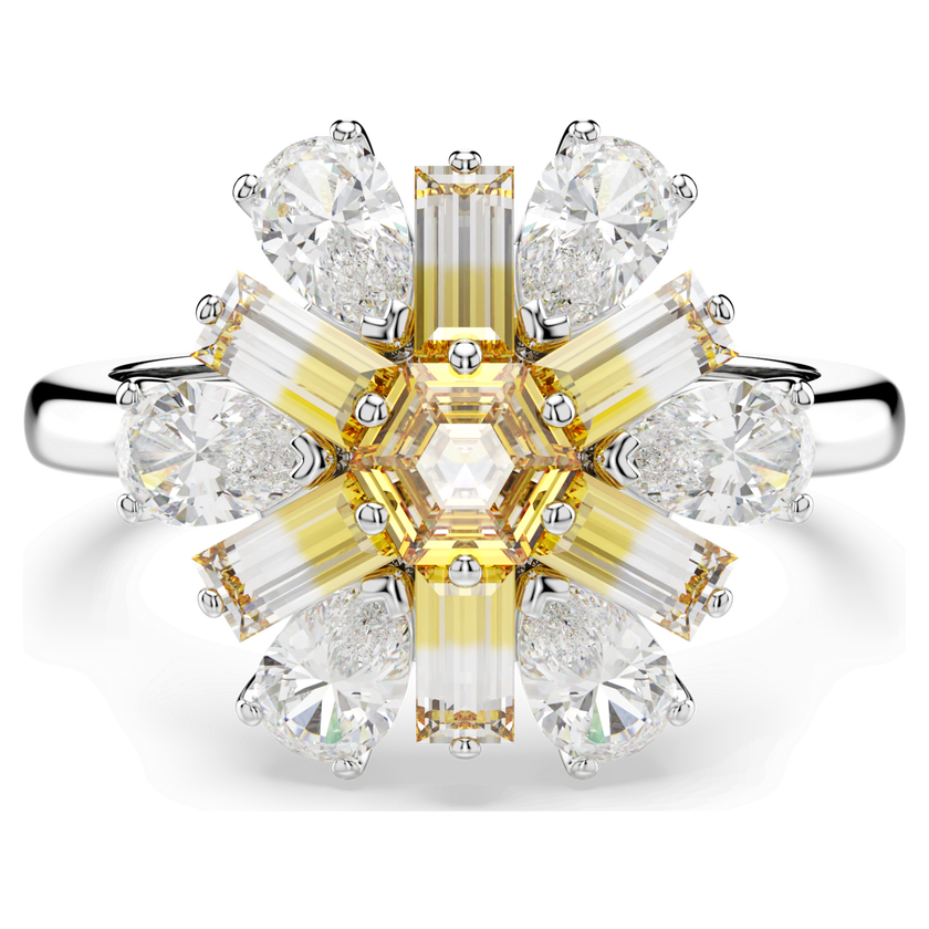 swarovski خاتم كوكتيل idyllia، قطع متنوع، على شكل زهرة، لون أصفر، طلاء روديوم