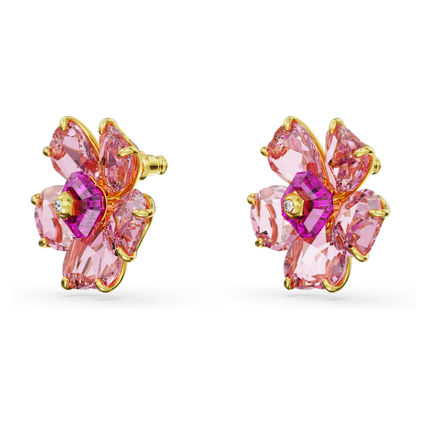 swarovski أقراط دبوسية idyllia، على شكل زهرة، لون وردي، طلاء بلون ذهبي