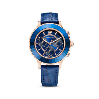 ساعة Octea Lux Chrono، حزام جلد، لون أزرق، طلاء PVD ذهبي وردي