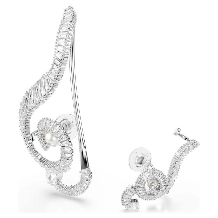 أقراط بمشبك ariana grande x swarovski، تصميم غير متماثل، لؤلؤة كريستال، قطع باغيت، لون أبيض، طلاء روديوم