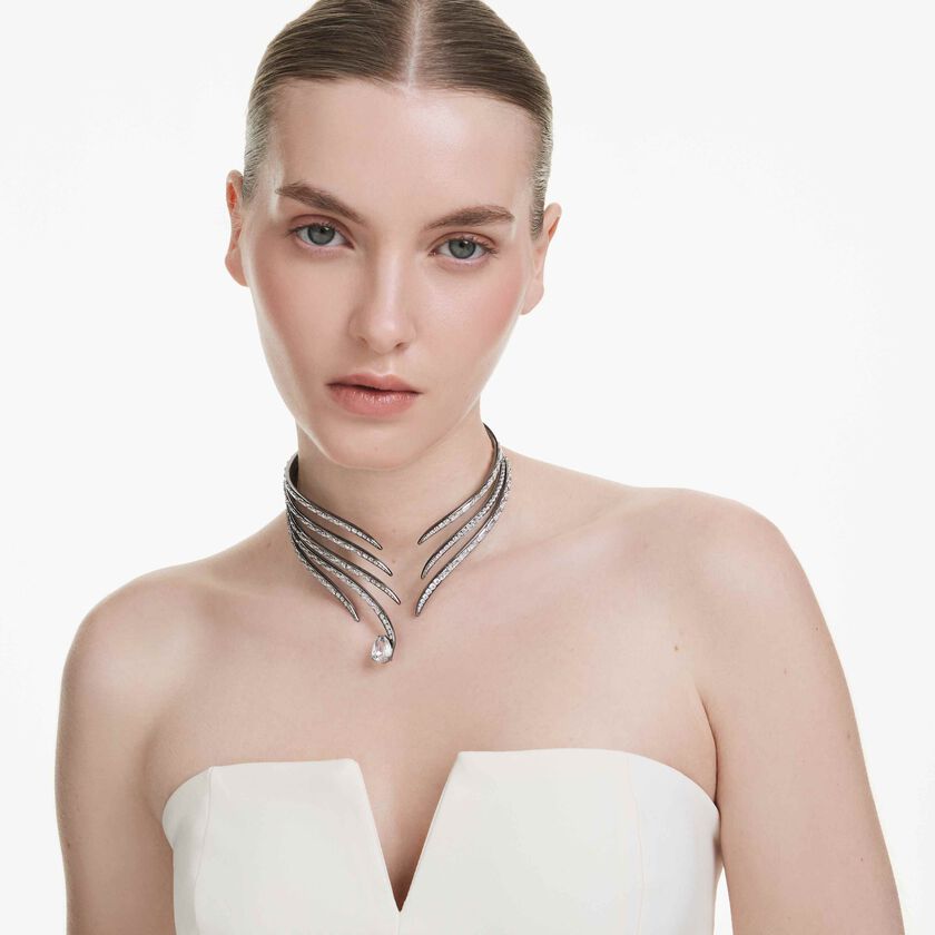 swarovski عقد شوكر the vienna collection، شكل ريشة، لون أبيض، طلاء روثينيوم