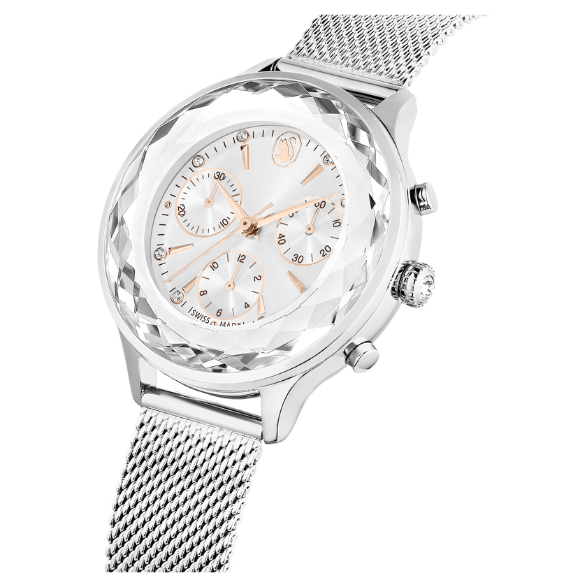 swarovski ساعة nova chrono، صناعة سويسرية، سوار معدني، لون فضي، إستانلس ستيل