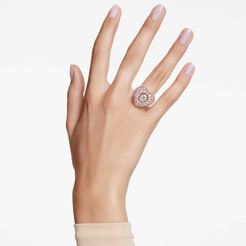 swarovski خاتم كوكتيل idyllia، قطع مثمن، لآلئ كريستال، على شكل قلب، لون وردي، طلاء بلون ذهبي