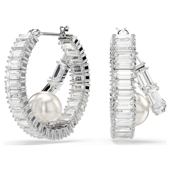 أقراط حلقية ariana grande x swarovski، لؤلؤة كريستال، قطع باغيت، لون أبيض، طلاء روديوم