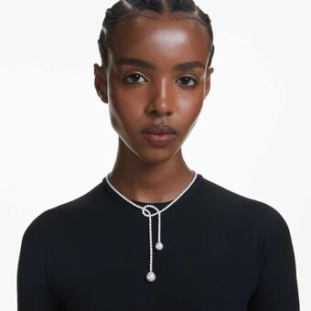 swarovski عقد matrix على شكل حرف y، لؤلؤة كريستال، قطع مستدير، لون أبيض، طلاء روديوم