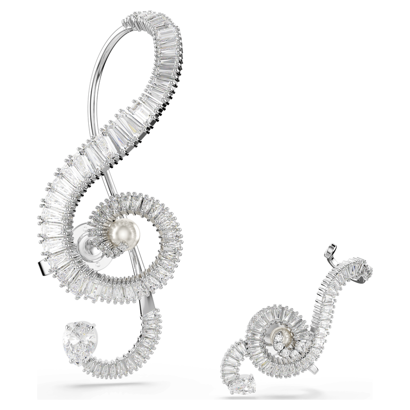 أقراط بمشبك ariana grande x swarovski، تصميم غير متماثل، لؤلؤة كريستال، قطع باغيت، لون أبيض، طلاء روديوم