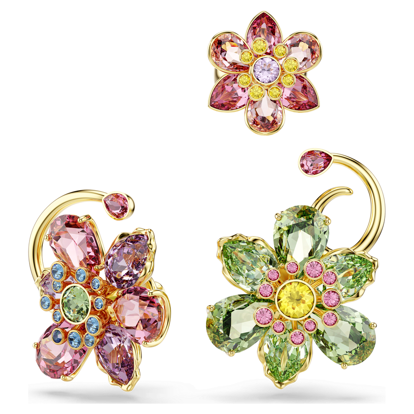 swarovski حلية للأذن idyllia، طقم مكون من 3 قطع، تصميم غير متماثل، قطع متنوع، شكل زهرة، ألوان متعددة، طلاء باللون الذهبي