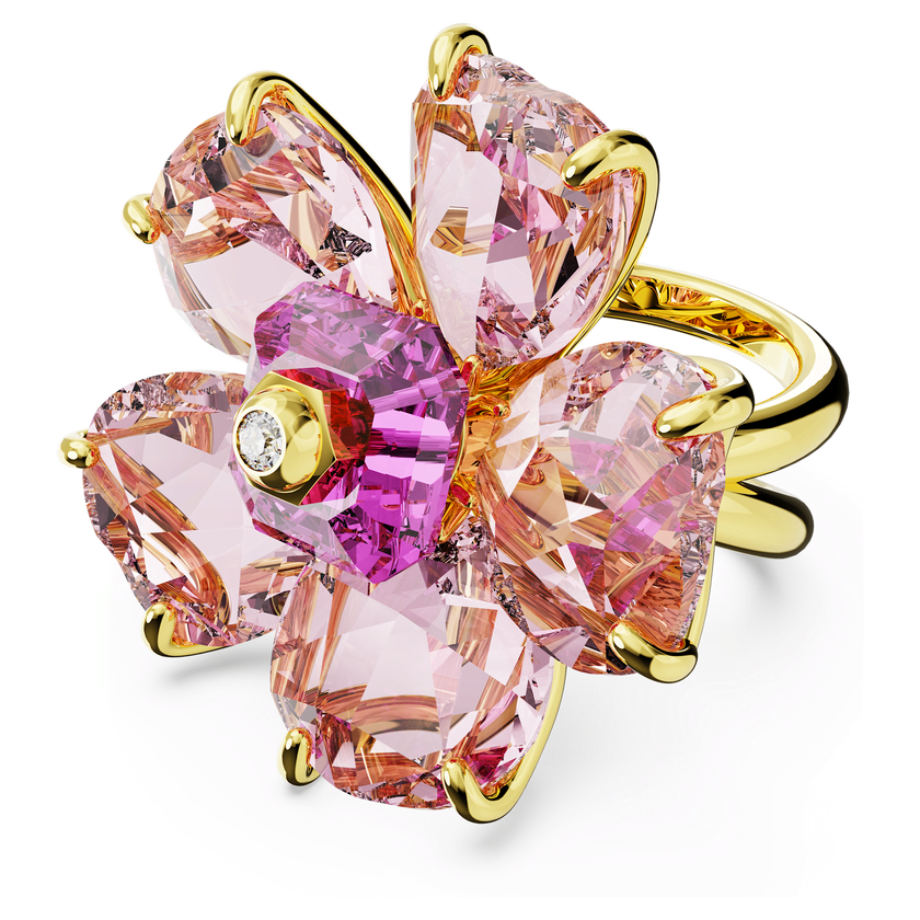 swarovski خاتم كوكتيل idyllia، على شكل زهرة، لون وردي، طلاء بلون ذهبي