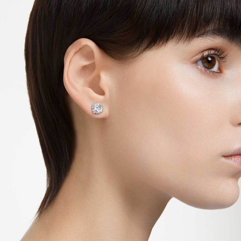 swarovski أقراط دبوسية birthstone، قطع مربع، شهر أبريل، لون أبيض، طلاء روديوم