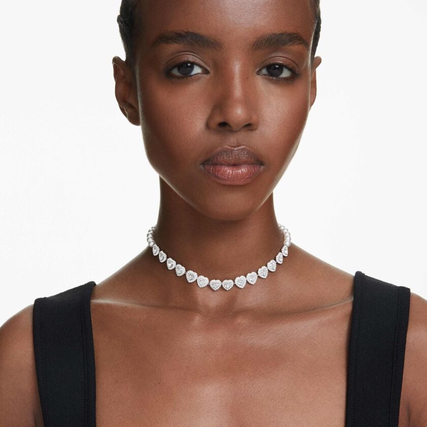 عقد شوكر تنس ariana grande x swarovski، قطع متنوع، شكل قلب، لون أبيض، طلاء روديوم