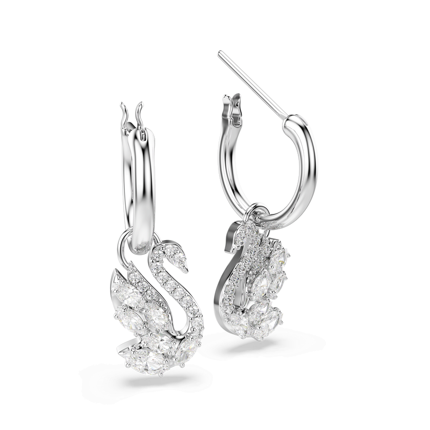 swarovski أقراط متدلية swan، قطع متنوع، بجعة، لون أبيض، طلاء روديوم