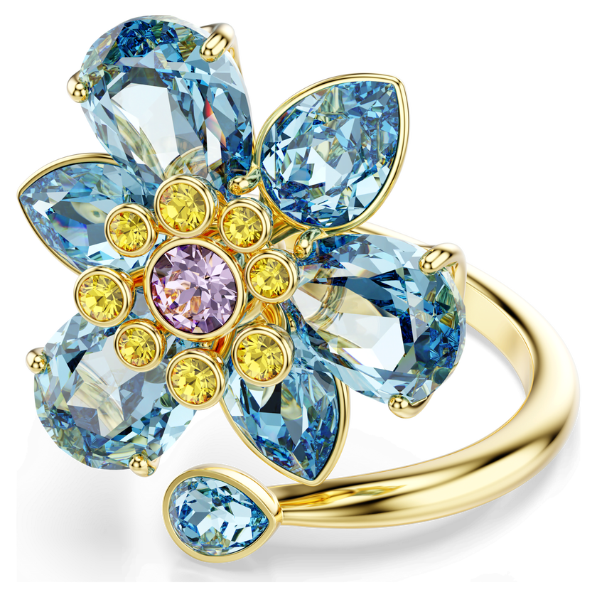 swarovski خاتم مفتوح idyllia، قطع متنوع، شكل زهرة، لون أزرق، طلاء باللون الذهبي