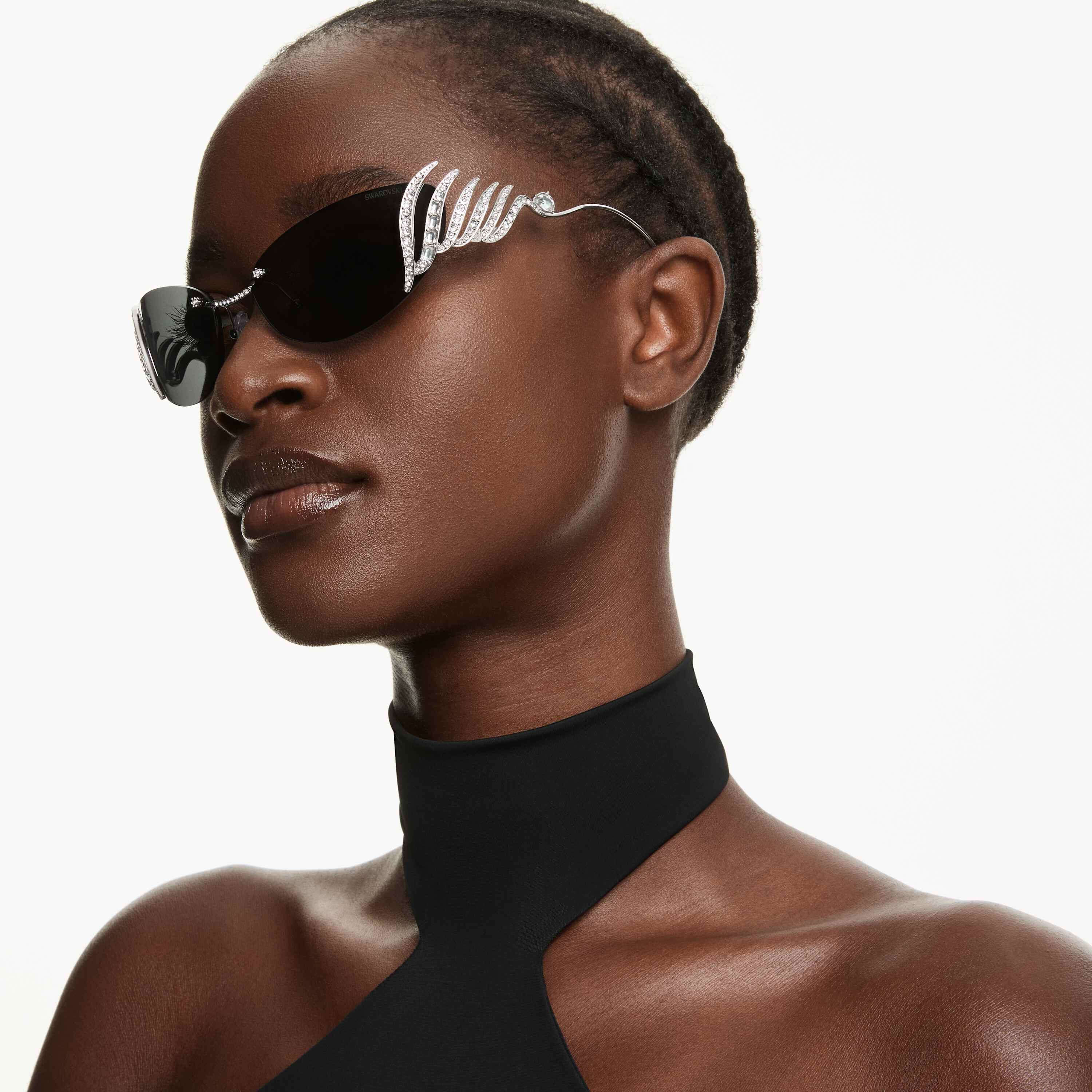 swarovski نظارة شمسية، على شكل عين القطة، حلية على شكل بجعة، لون فضي