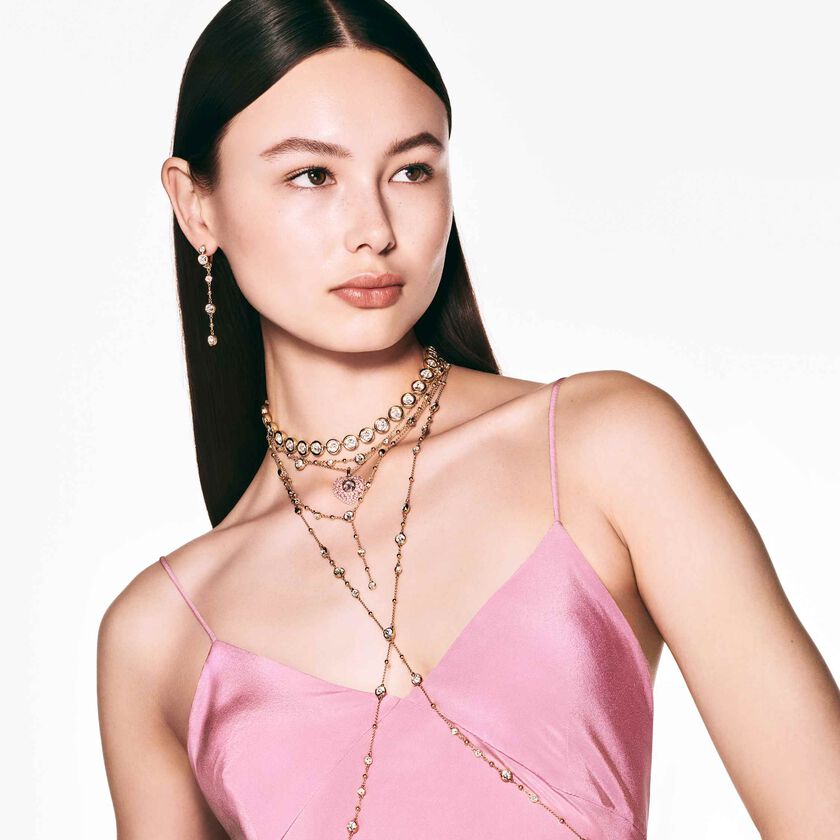 swarovski قلادة idyllia، قطع مُثَمَّن، لآلئ كريستال، على شكل قلب، لون وردي، طلاء بلون ذهبي