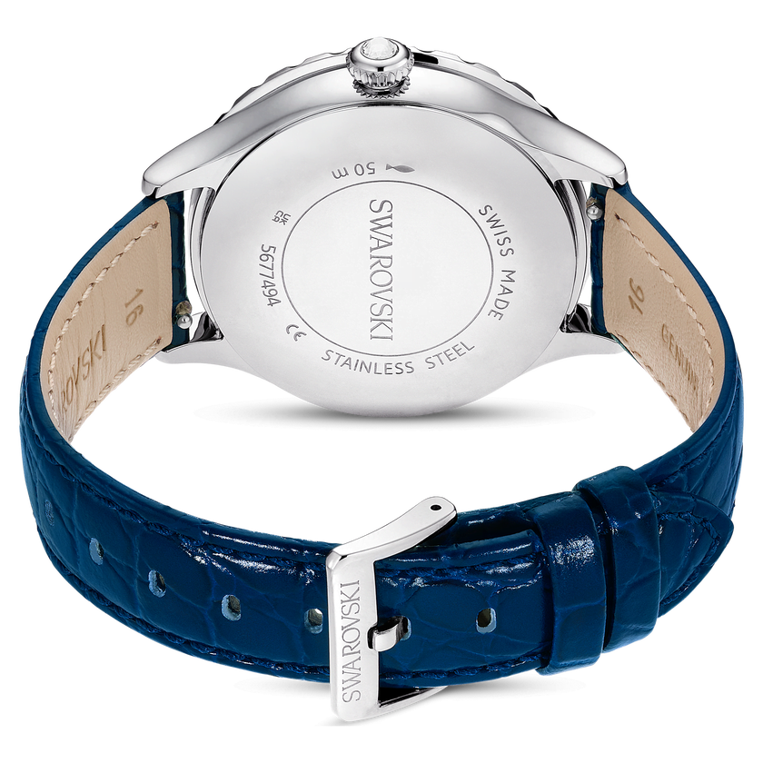 swarovski ساعة octea moon، صناعة سويسرية، شكل قمر، سوار جلد، لون أزرق، ستانلس ستيل