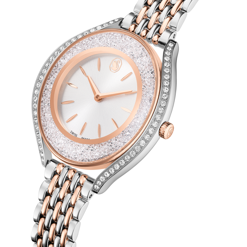 swarovski ساعة crystalline aura، صناعة سويسرية، سوار معدني، لون ذهبي وردي، لمسة نهائية من معادن مختلطة