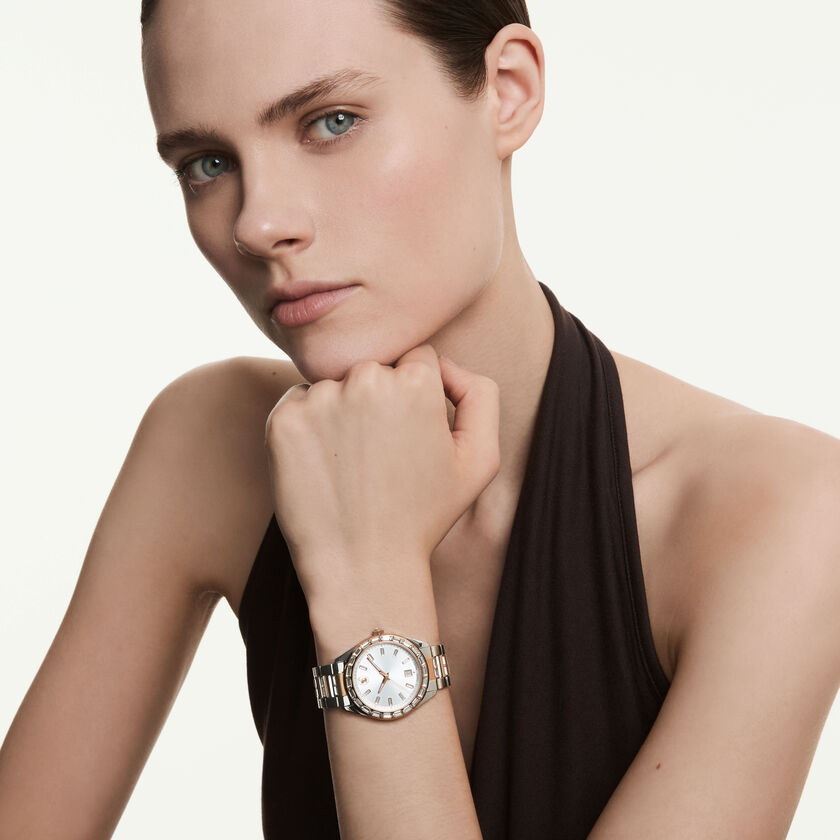 swarovski ساعة بتقويم matrix، سويسرية الصنع، سوار معدني، لون ذهبي وردي، لمسة نهائية من معادن مختلطة