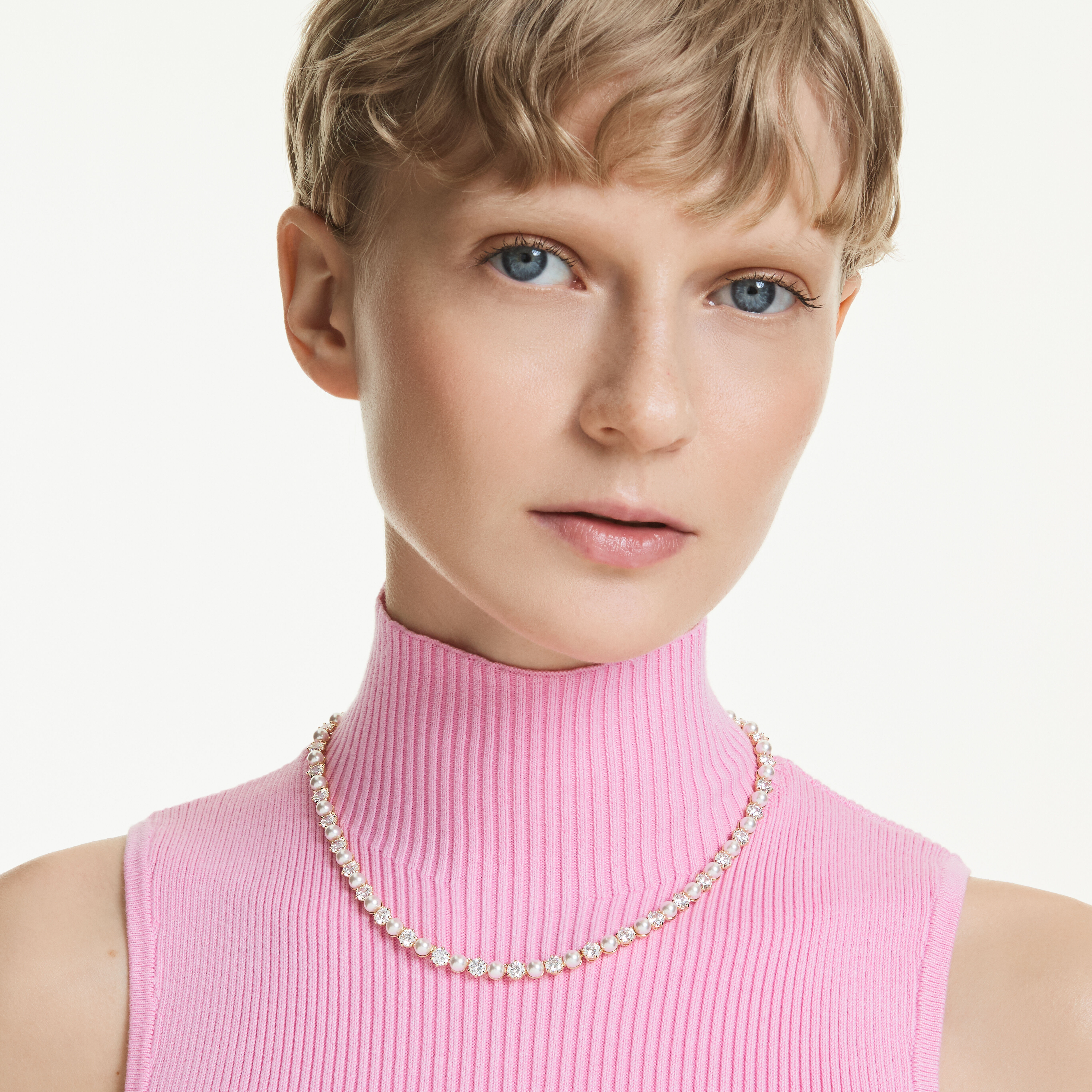 swarovski عقد matrix tennis، لآلئ كريستال، قطع مستدير، لون أبيض، طلاء باللون الذهبي