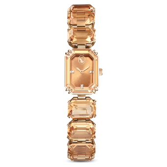 swarovski ساعة، سوار بقطع مثمن، لون بني، لمسة نهائية بلون ذهبي شامبين