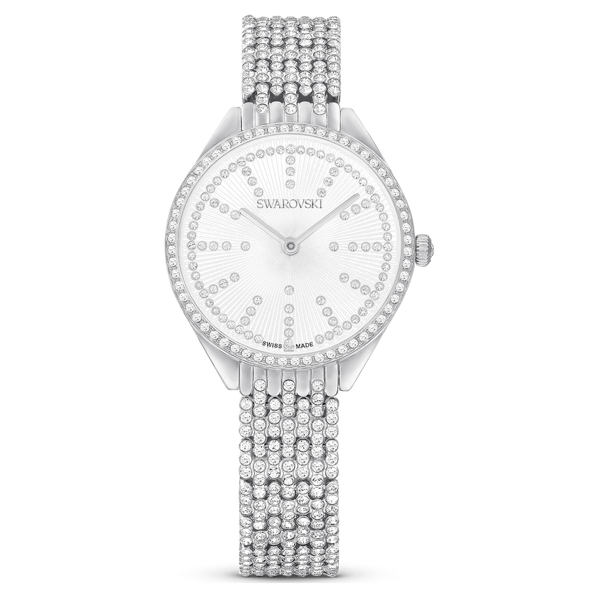 swarovski ساعة attract، صناعة سويسرية، كريستالات متراصة، سوار كريستال، لون فضي، ستانلس ستيل