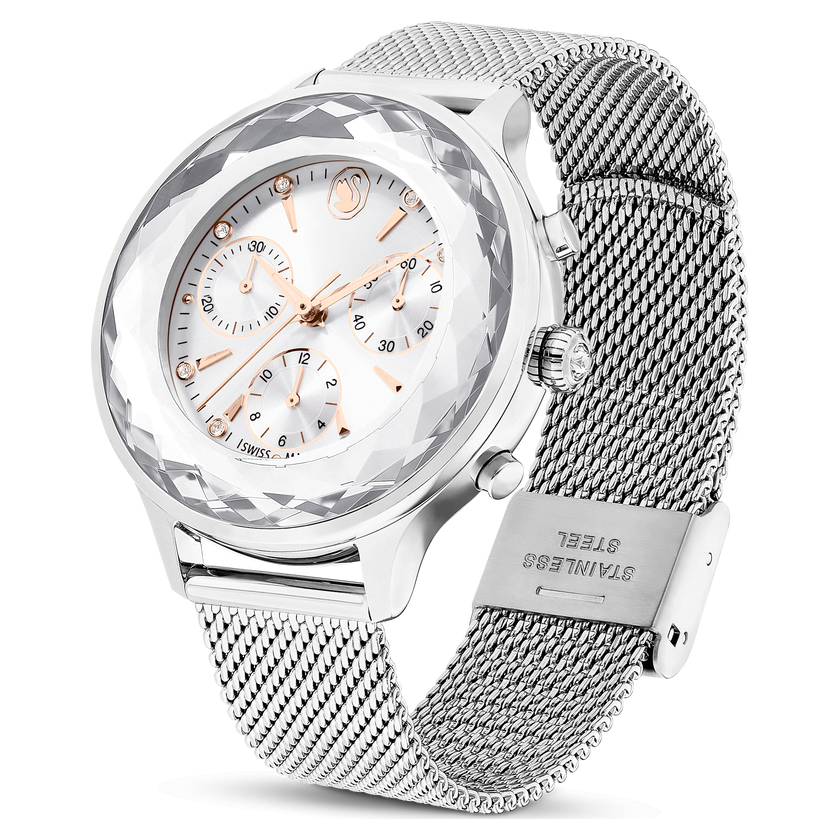 swarovski ساعة nova chrono، صناعة سويسرية، سوار معدني، لون فضي، إستانلس ستيل