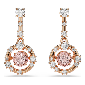 swarovski constella drop earrings  round cut  dancing stone  pink  rose gold tone plated