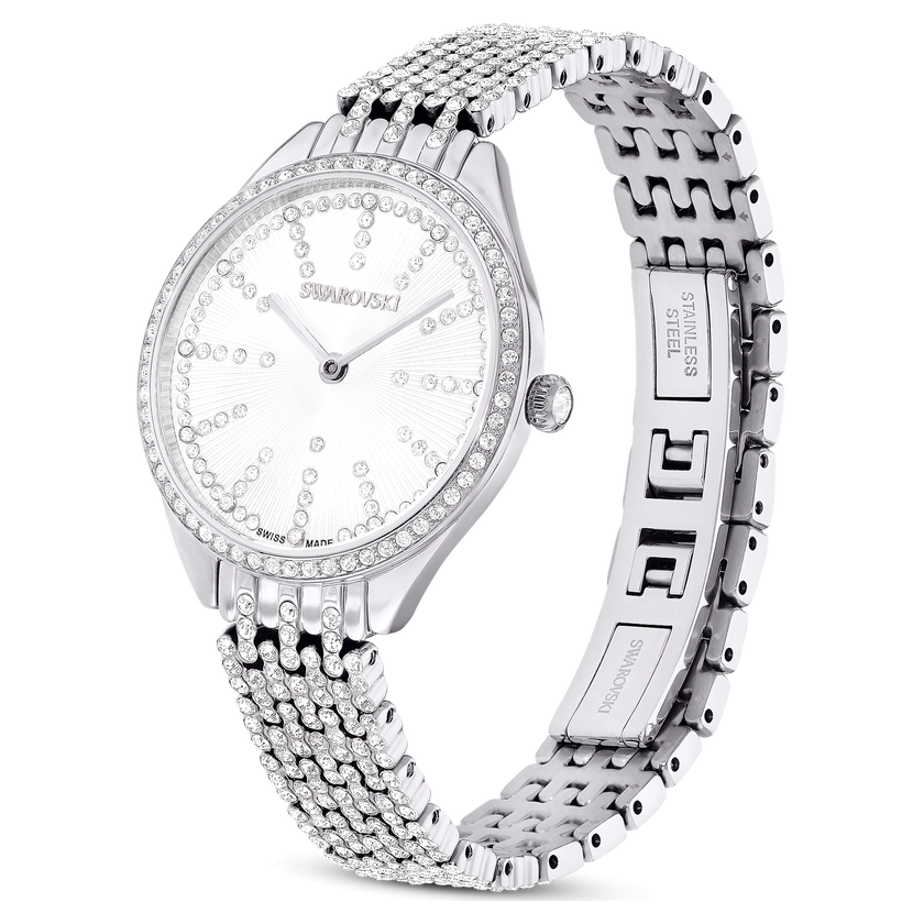 swarovski ساعة attract، صناعة سويسرية، كريستالات متراصة، سوار كريستال، لون فضي، ستانلس ستيل
