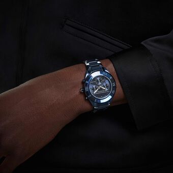 swarovski ساعة كرونوغراف dextera، قطر 39 ملم، صناعة سويسرية، سوار معدني، لون أزرق، لمسة نهائية باللون الأزرق