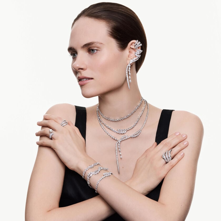 swarovski عقد mesmera على شكل حرف y، قطع متنوع، لون أبيض، طلاء روديوم