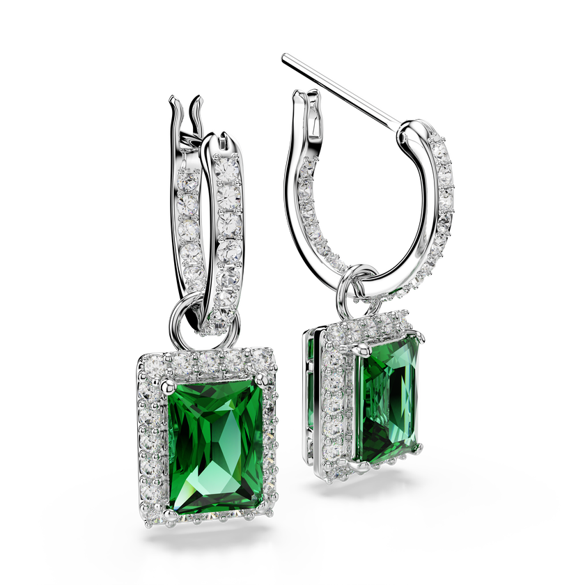 swarovski أقراط متدلية una angelic، قطع مستطيل، أحجار كريستال صغيرة متراصة، لون أخضر، طلاء روديوم