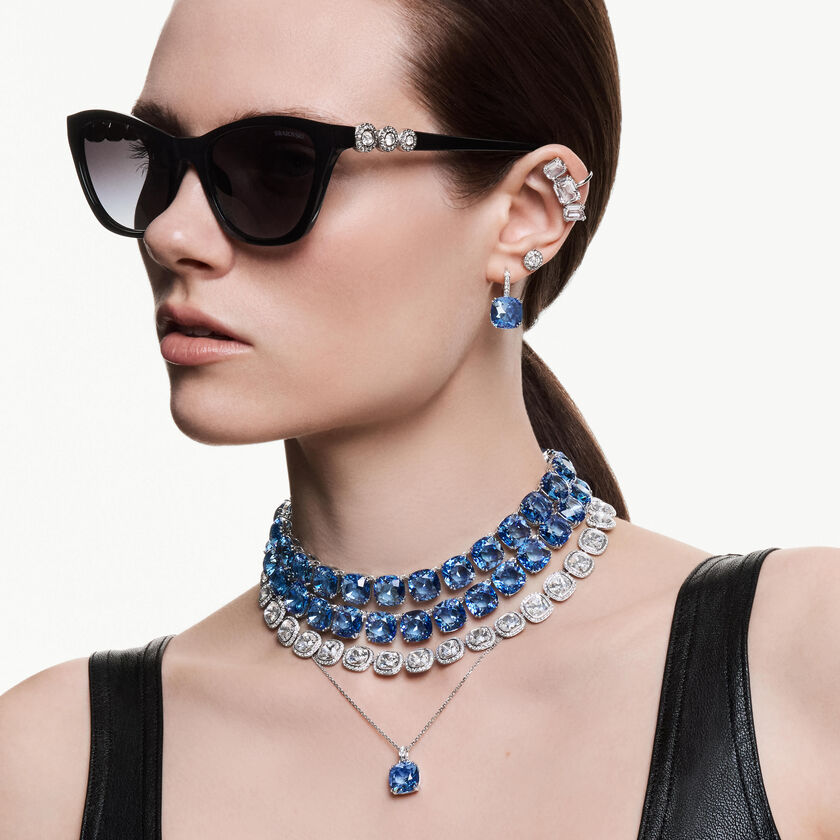 swarovski أقراط متدلية millenia، قطع الوسادة، لون أزرق، طلاء روديوم