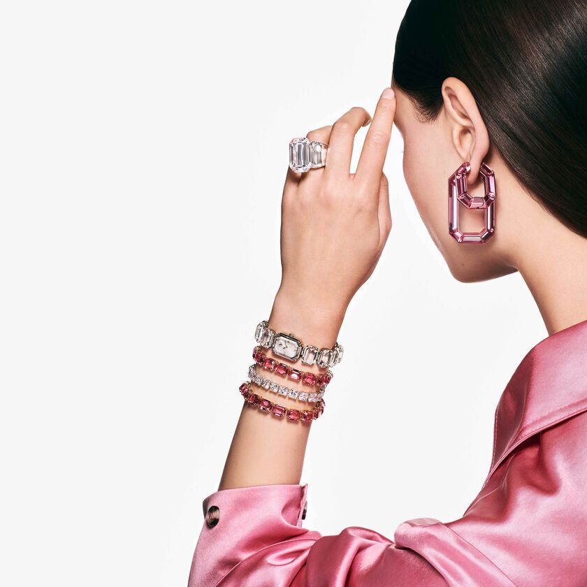 swarovski أقراط حلقية lucent، شكل مُثَمَّن، حجم صغير، لون وردي