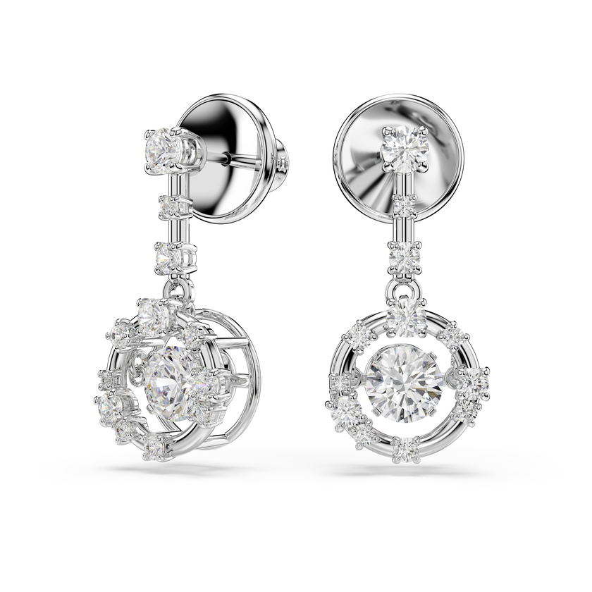 swarovski أقراط متدلية constella، قطع مستدير، حجر متراقص، لون أبيض، طلاء روديوم