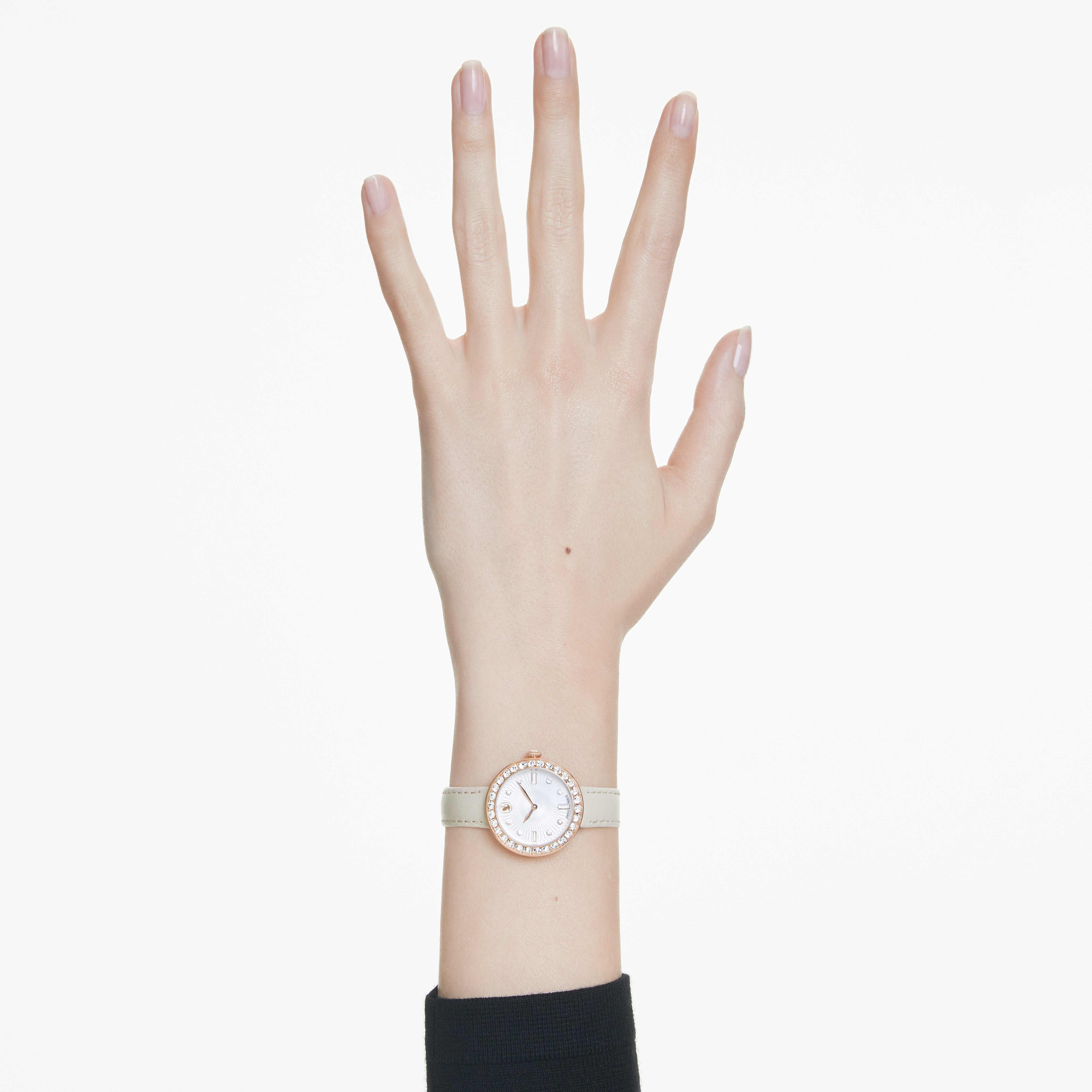 swarovski ساعة يد certa، صناعة سويسرية، سوار جلد، لون وردي، لمسة نهائية بلون ذهبي وردي