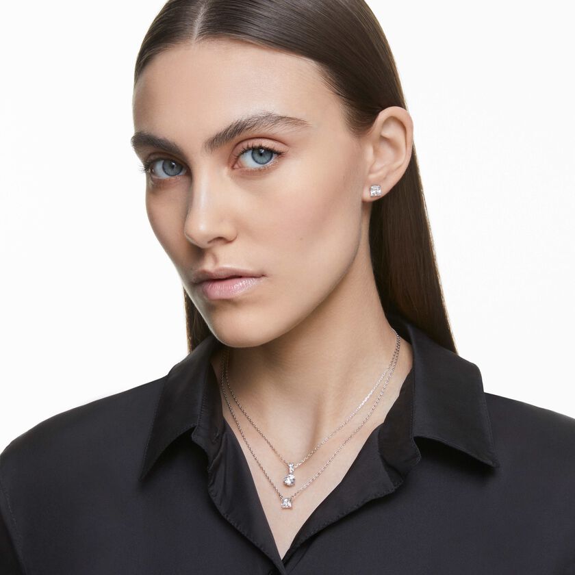 swarovski أقراط دبوسية stilla attract، قطع مربع، لون أبيض، طلاء روديوم